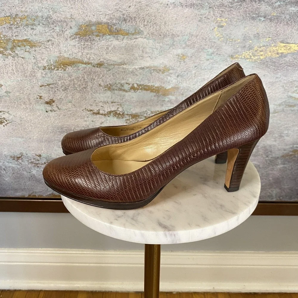 Cole Haan Shoes Womens Size 7.5 Brown Leather Round Toe High Heel Textured Pumps